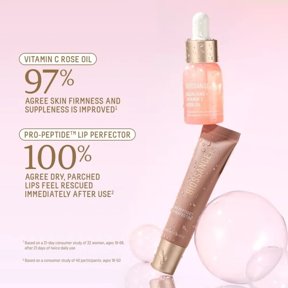 Biossance Bright Luminaries Pro-Peptide Lip Perfector + Mini Rose Oil Set